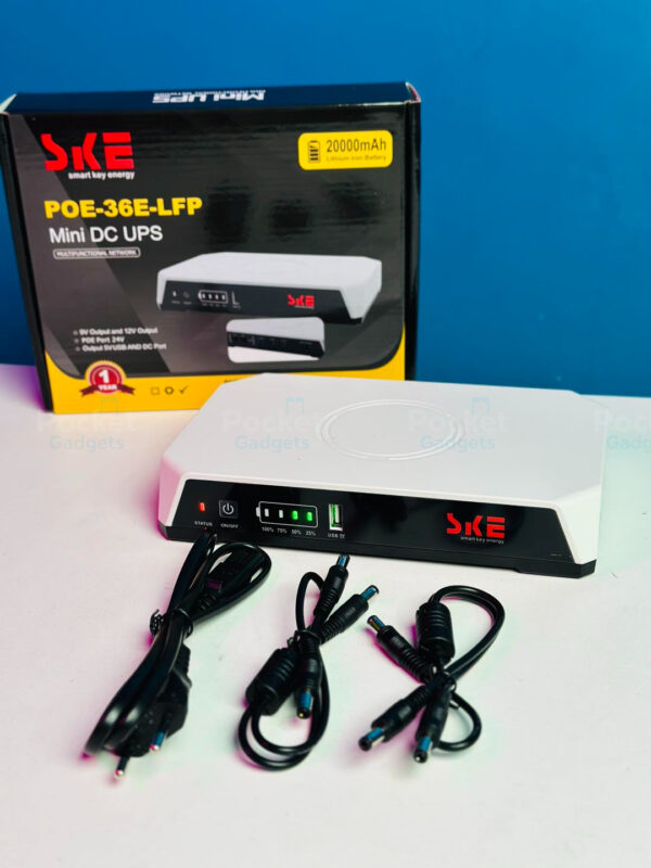 SKE POE-36E-LFP 20,000mAh Mini DC UPS – 36W High Power Backup with LiFePO4 Battery (5V/9V/12V 3A)
